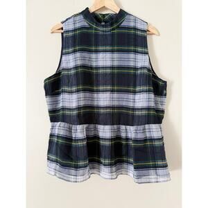 J.Crew Peplum Plaid Top Gilded Highland Tartan Large Lined Sleeveless Mockneck